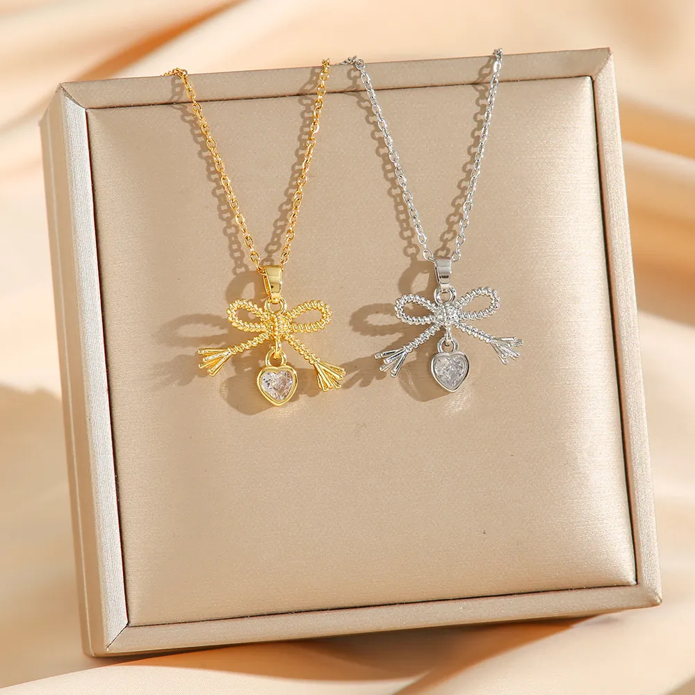 Bowknot Heart Pendant Necklace Titanium Steel Cubic Zirconia Elegant Sweet Light Luxury Clavicle Chain Jewelry For Women