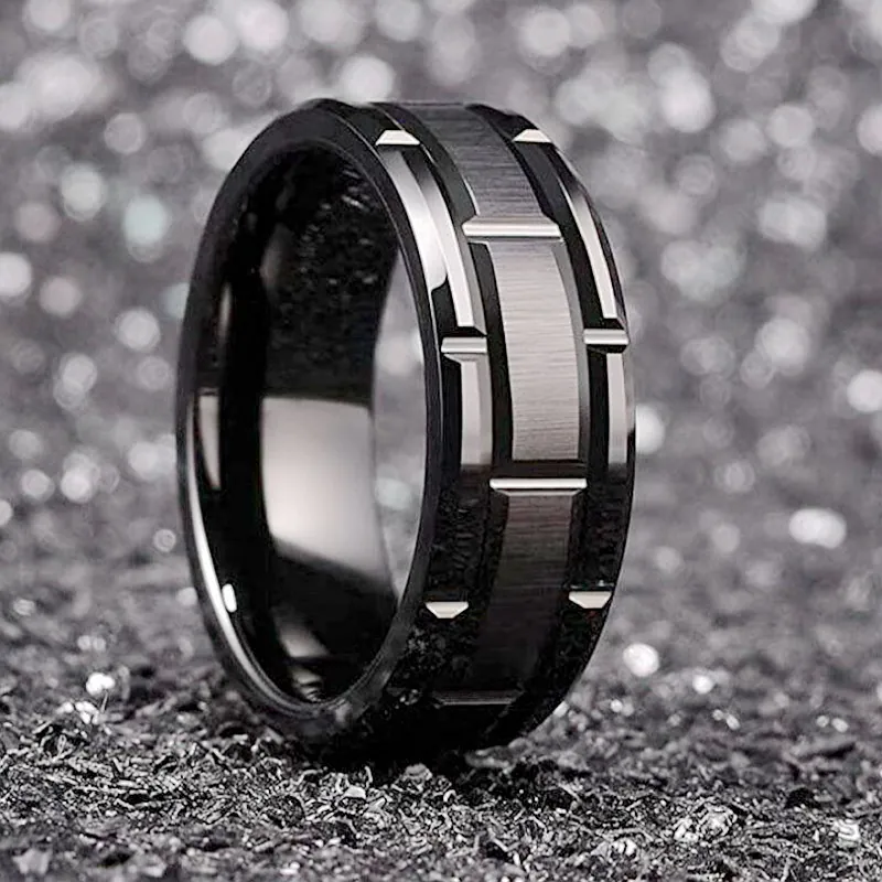 Men Band Ring Titanium Steel Brushed Metal Industrial Punk Style Geometric Stepped Edge Fashion Jewelry Accessory