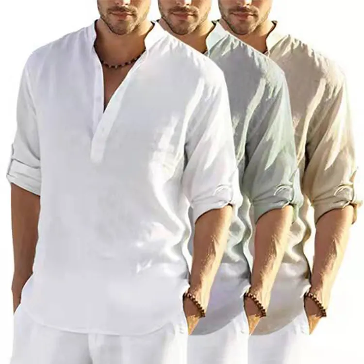 Men's Casual Cotton Blend Henley Shirt Long Sleeve Pullover Loose Breathable Stand Collar Top Plus Size Linen Style Shirt