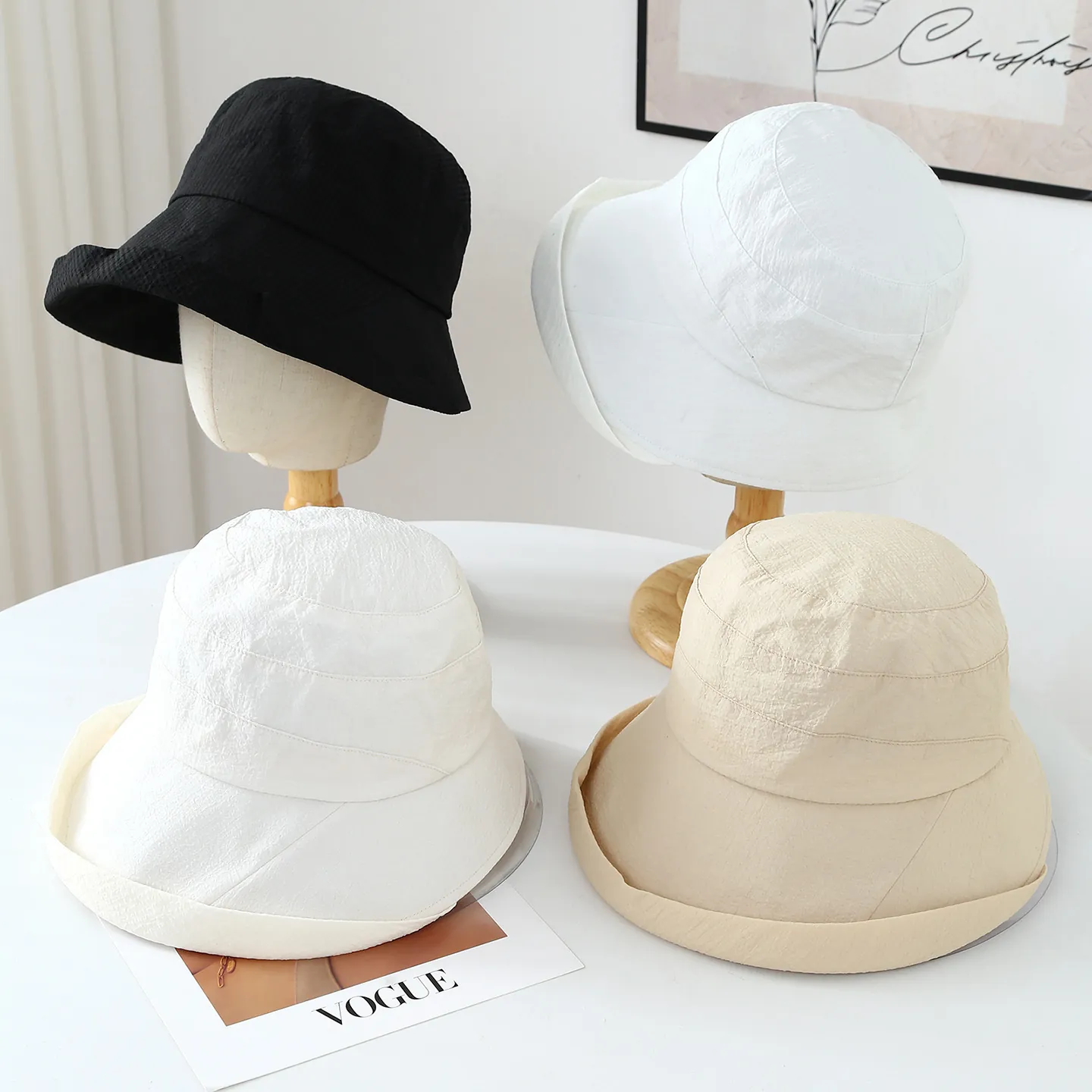 Bucket Hat Women Sun Protection Foldable Crinkle Textured Cotton Linen Fabric Adjustable Casual Japanese Style Sun Hat