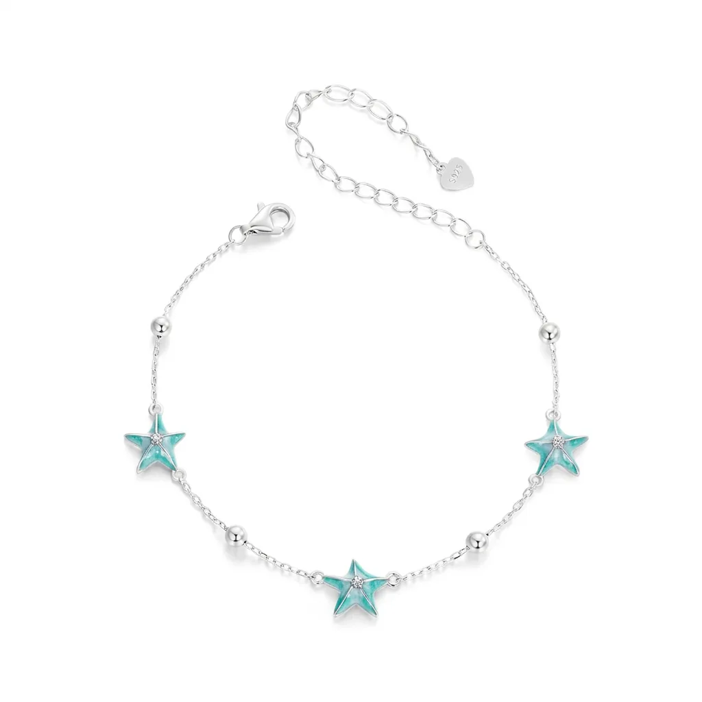 925 Sterling Silver Starfish Bracelet For Women Blue Green Enamel Sea Star Adjustable Chain Vacation Ocean Jewelry Gift