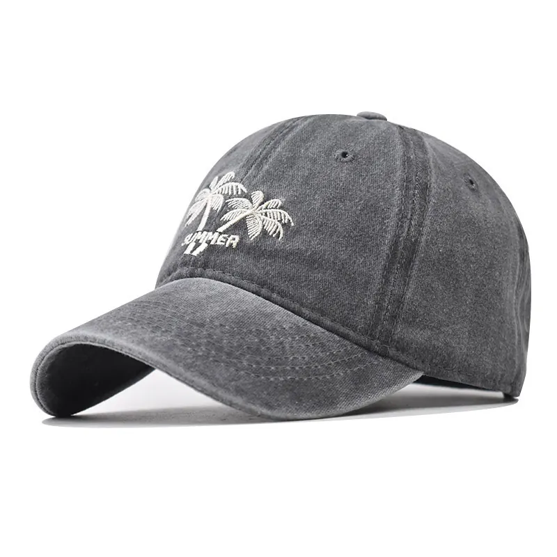 Washed Cotton Baseball Cap Vintage Coconut Tree Embroidery Adjustable Breathable Casual Summer Sun Hat