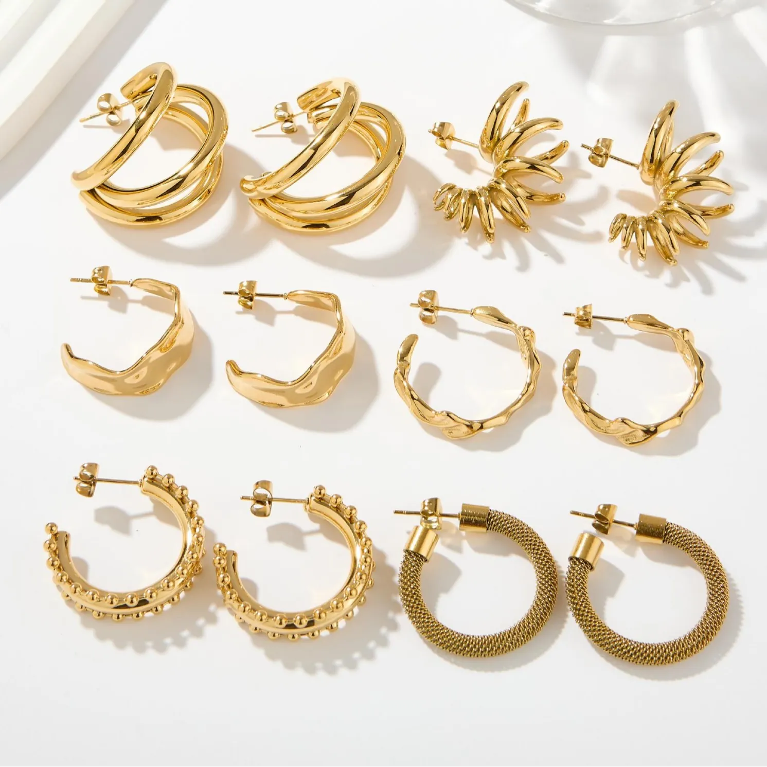 Geometric Hoop Earrings Stainless Steel Gold Plated Irregular Ripple Molten Texture Minimalist Fashion For Women