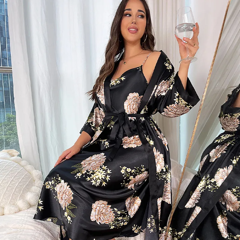 Women Plus Size Floral Print Pajamas Robe And Nightdress Imitation Satin Satin Long V-Neck Sleepwear Loungewear