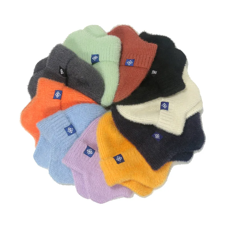 Plush Earflap Beanie Hat Knit Faux Mohair Winter Warm Windproof Snowflake Patch Solid Color Outdoor For Women Men