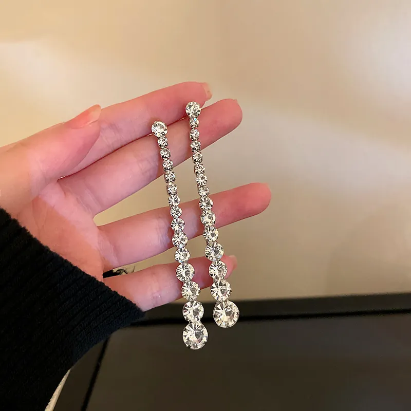 925 Sterling Silver Earring Post Alloy Rhinestone Long Tassel Dangle Drop Earrings For Women Elegant Fashion Jewelry