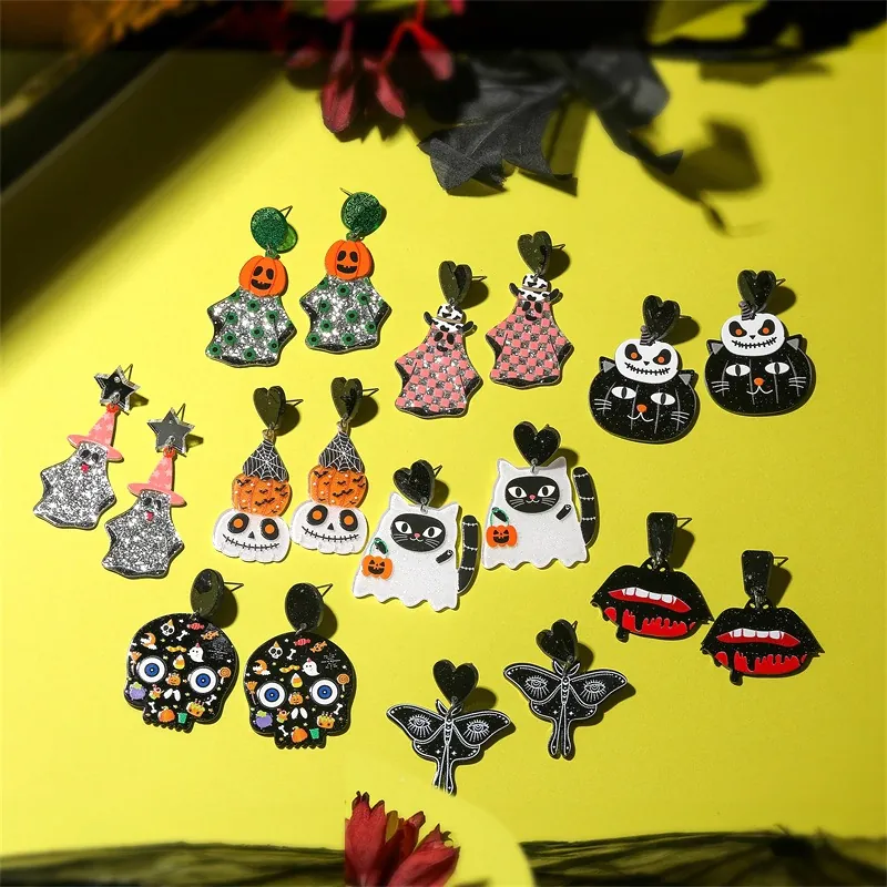 Halloween Acryl Glitter Hangende Oorbellen Pompoen Geest Schedel Vleermuis Kat Patroon Gothic Party Sieraden Voor Dames