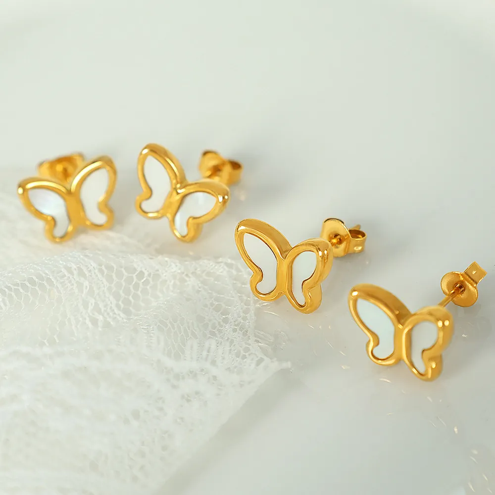 Butterfly Stud Earrings Stainless Steel 18K Gold Plated White Mother Of Artificial Pearl French Retro Niche Design For Women