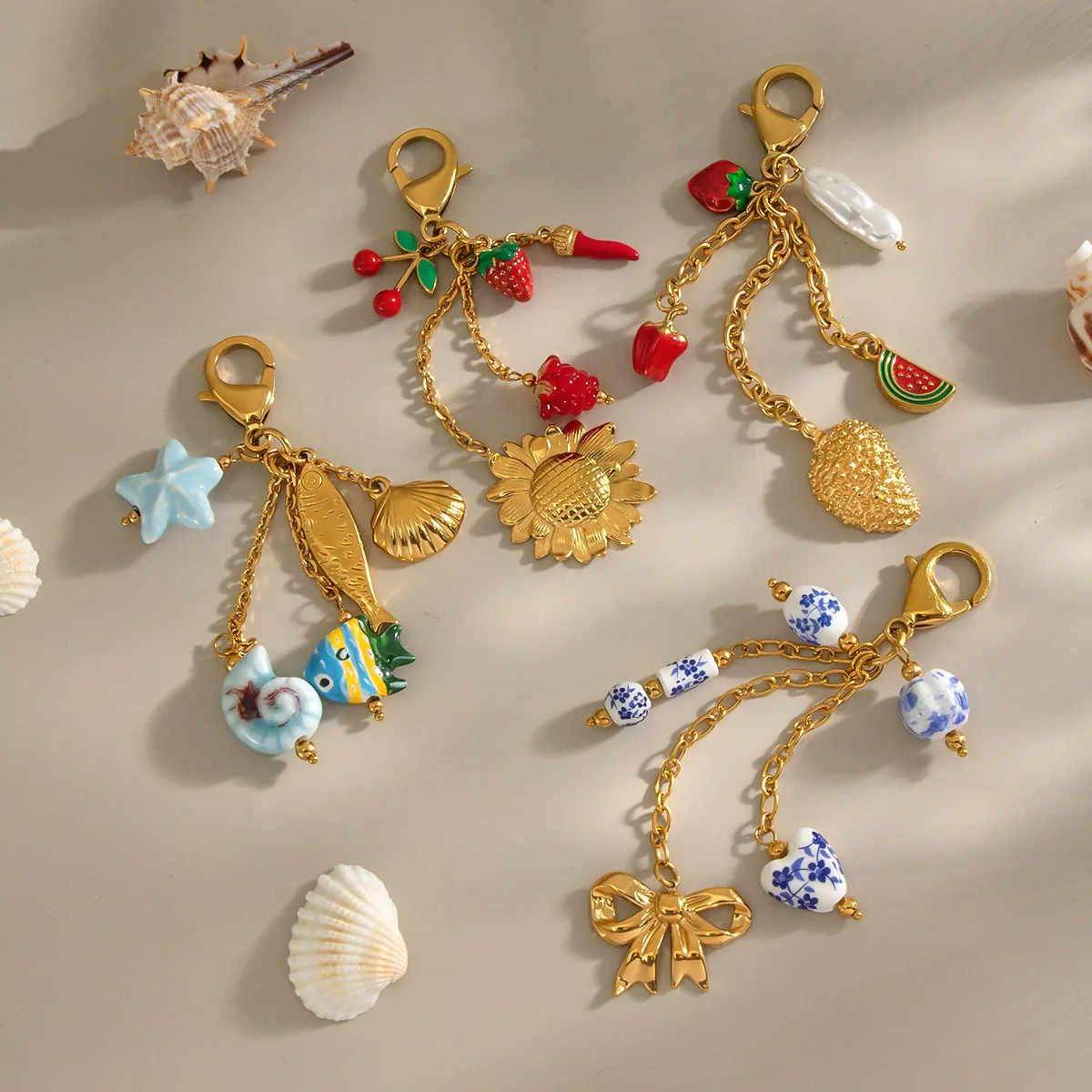 Porte-Clés En Acier Inoxydable Plaqué Or Thème Fruits Mer Fleurs Breloque De Sac Avec Perles En Porcelaine Étanche Femmes