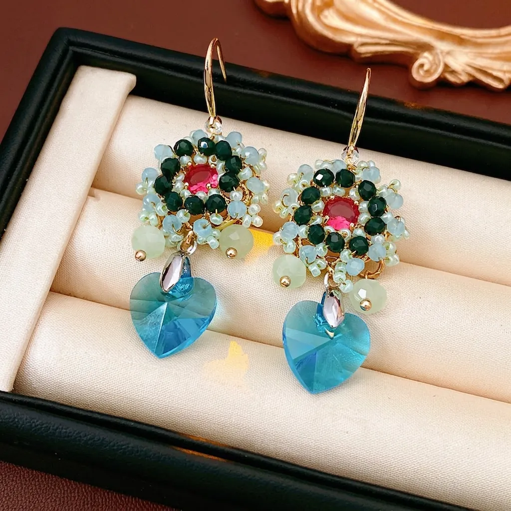Orecchini Pendenti Con Fiori Di Perline Etnici Vintage Con Pendente A Cuore In Cristallo Di Vetro Per Donna