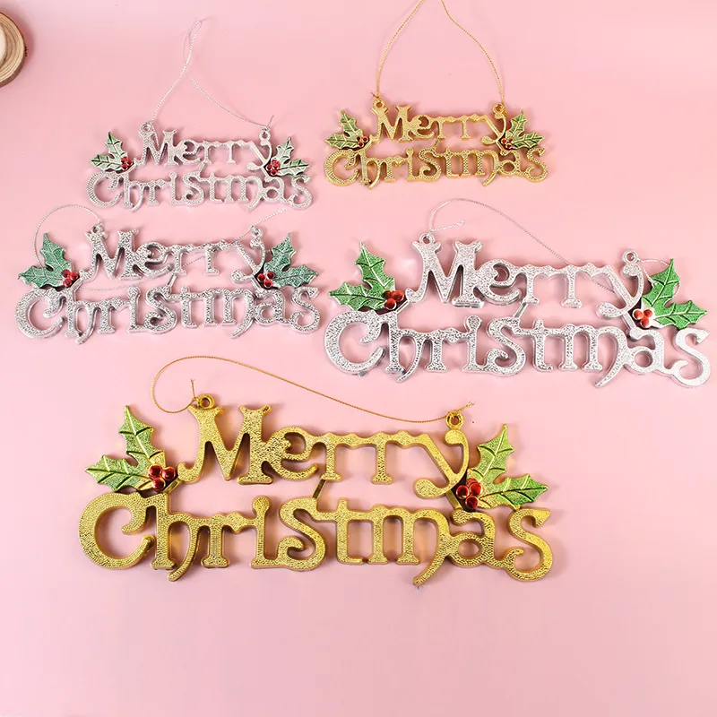 Merry Christmas Hanging Sign Lettering PVC Plastic Ornament With Holly Leaves And Red Berries Home Party Decor