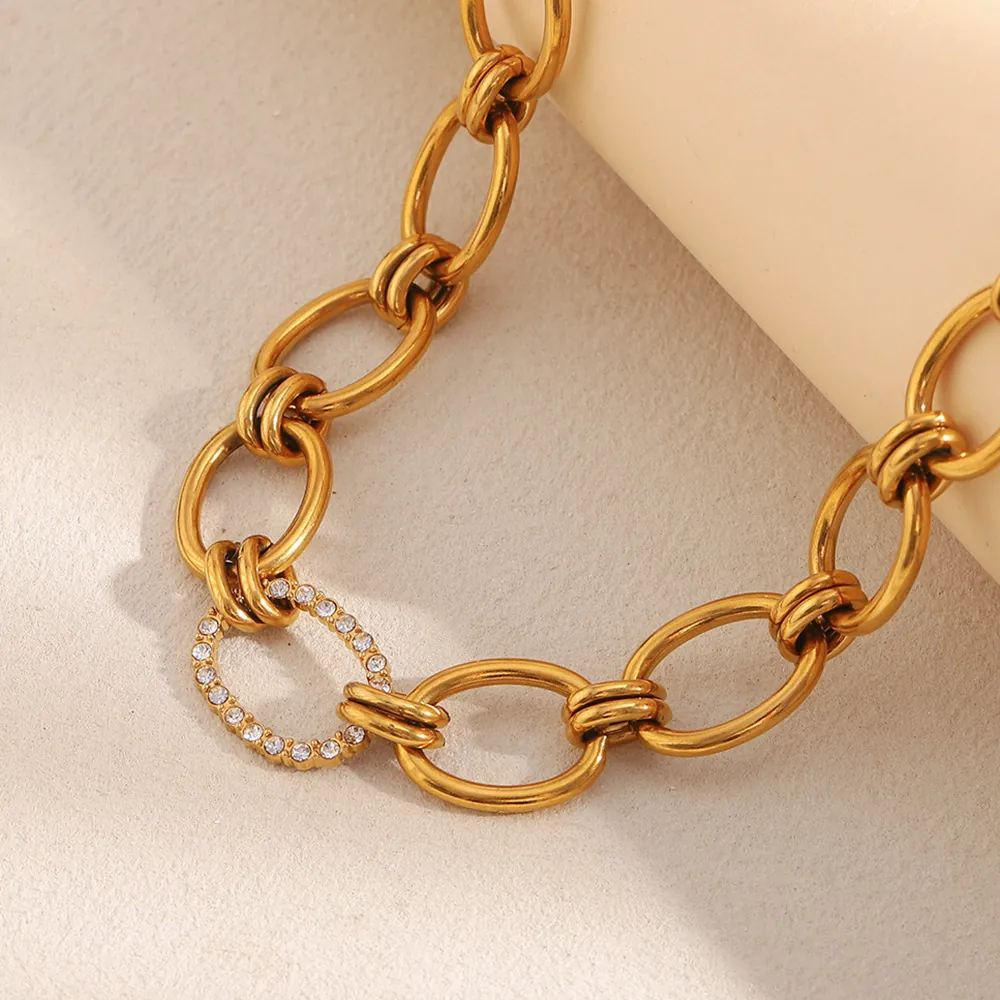 Zircon Paved Ring Pendant Link Chain Necklace Stainless Steel 18K Gold Plated For Women Chic Minimalism Jewelry