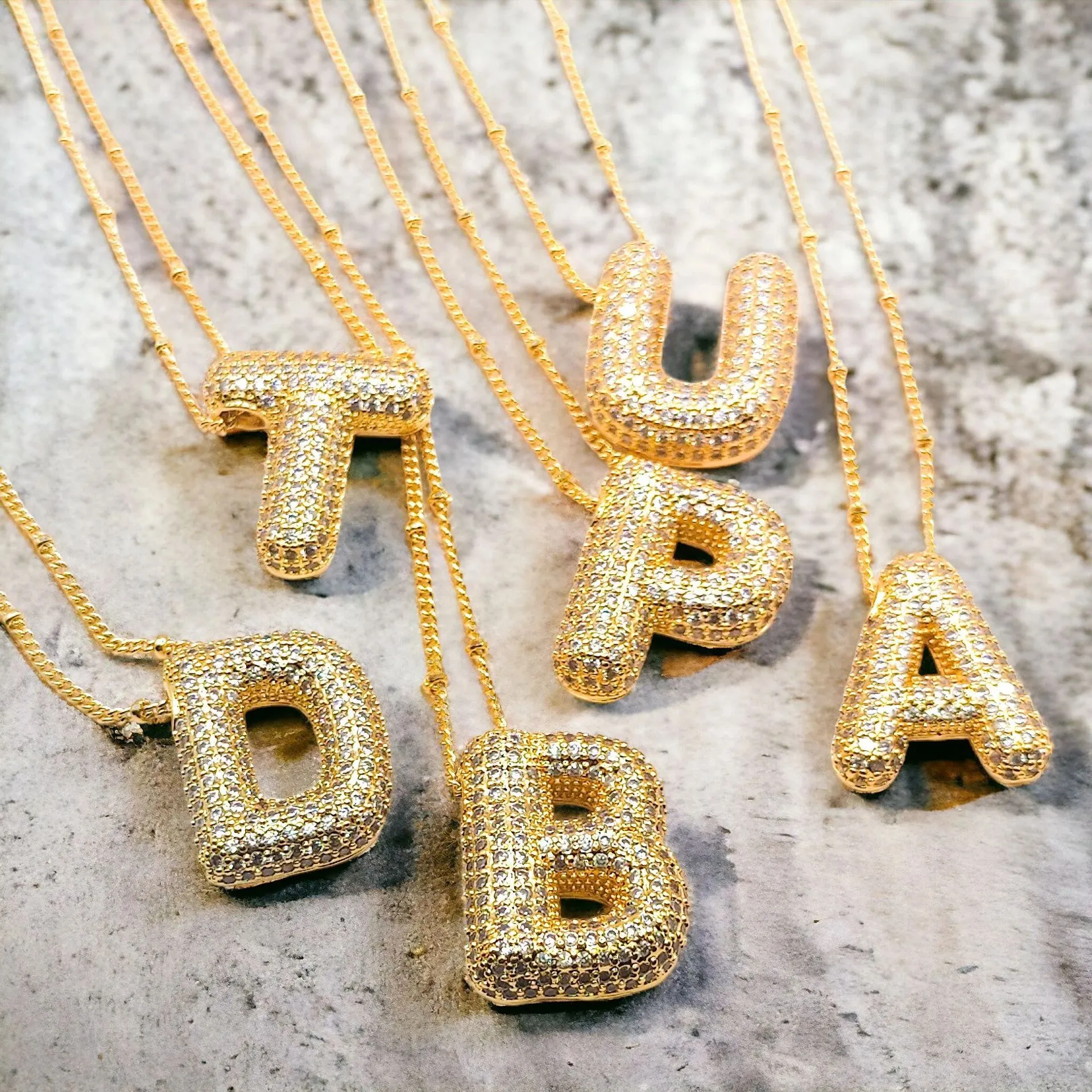 Initial Letter Pendant Necklace Copper Full Paved Zircon Bubble Balloon Style Elegant Fashion Jewelry For Women