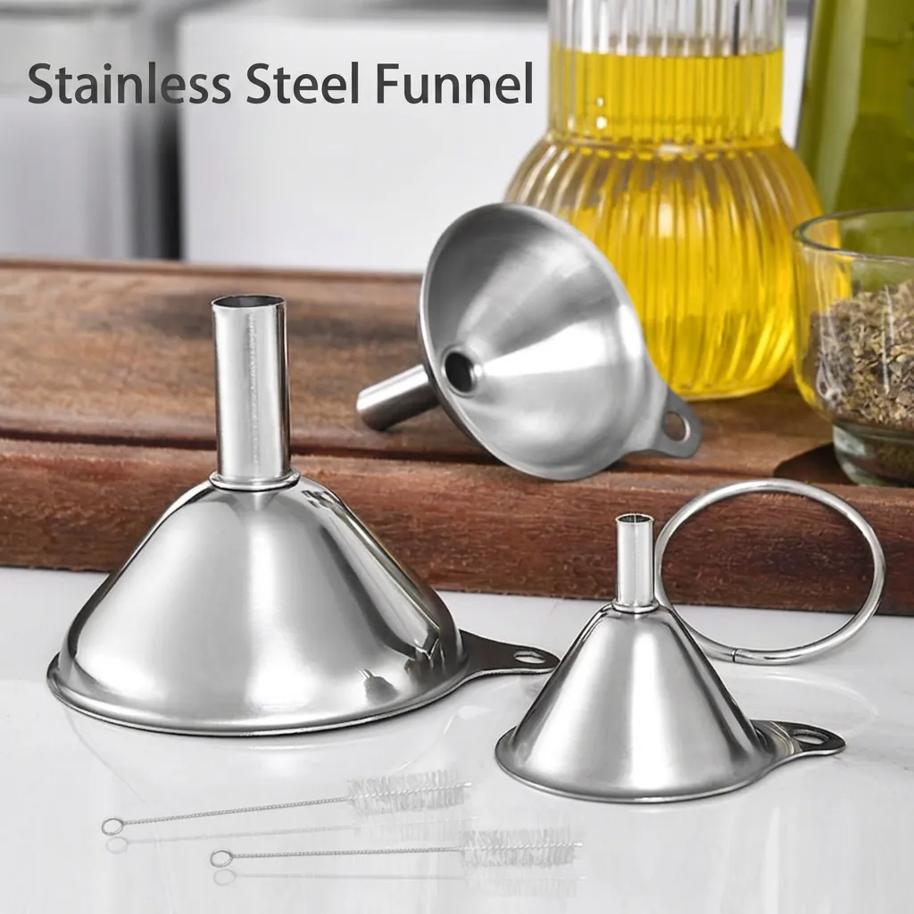 Stainless Steel Kitchen Funnels With Handle For Liquid Oil Wine Transfer Including Cleaning Brushes Silver Metal