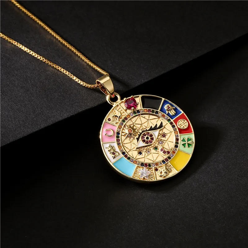 Evil Eye Runde Anhänger Halskette Kupfer Emaille Zirkon Glück Hamsa Hand Hufeisen Vierblättriges Kleeblatt Damen Schmuck
