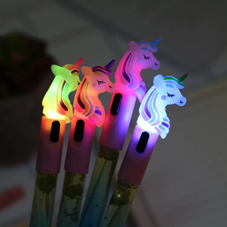 Quicksand Glitter Gel Pens Cartoon Unicorn Magic Wand Topper Glowing LED Stationery Office School Writing Supplies