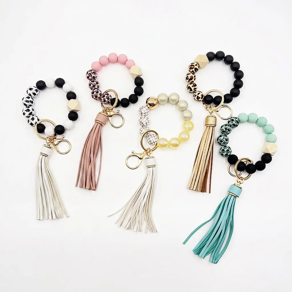 Silicone Beaded Keychain Wristlet With Hexagonal Wood Bead And PU Leather Tassel Leopard Print Key Ring For Women