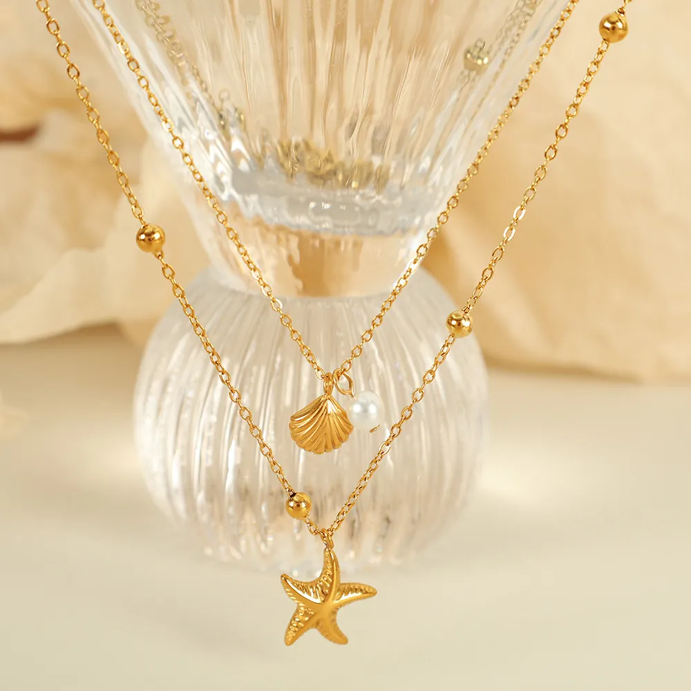 Double Layer Starfish Shell Pendant Necklace Stainless Steel Faux Artificial Pearl Beaded Chain Summer Beach Vacation Jewelry Women