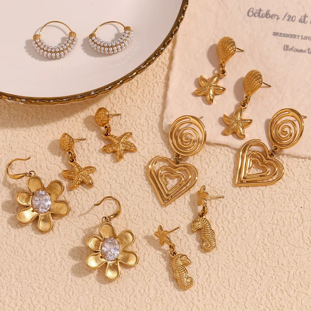 Stainless Steel Earrings 18K Gold Plated Starfish Seahorse Heart Flower Zircon Artificial Pearl Spiral Geometric Jewelry For Women