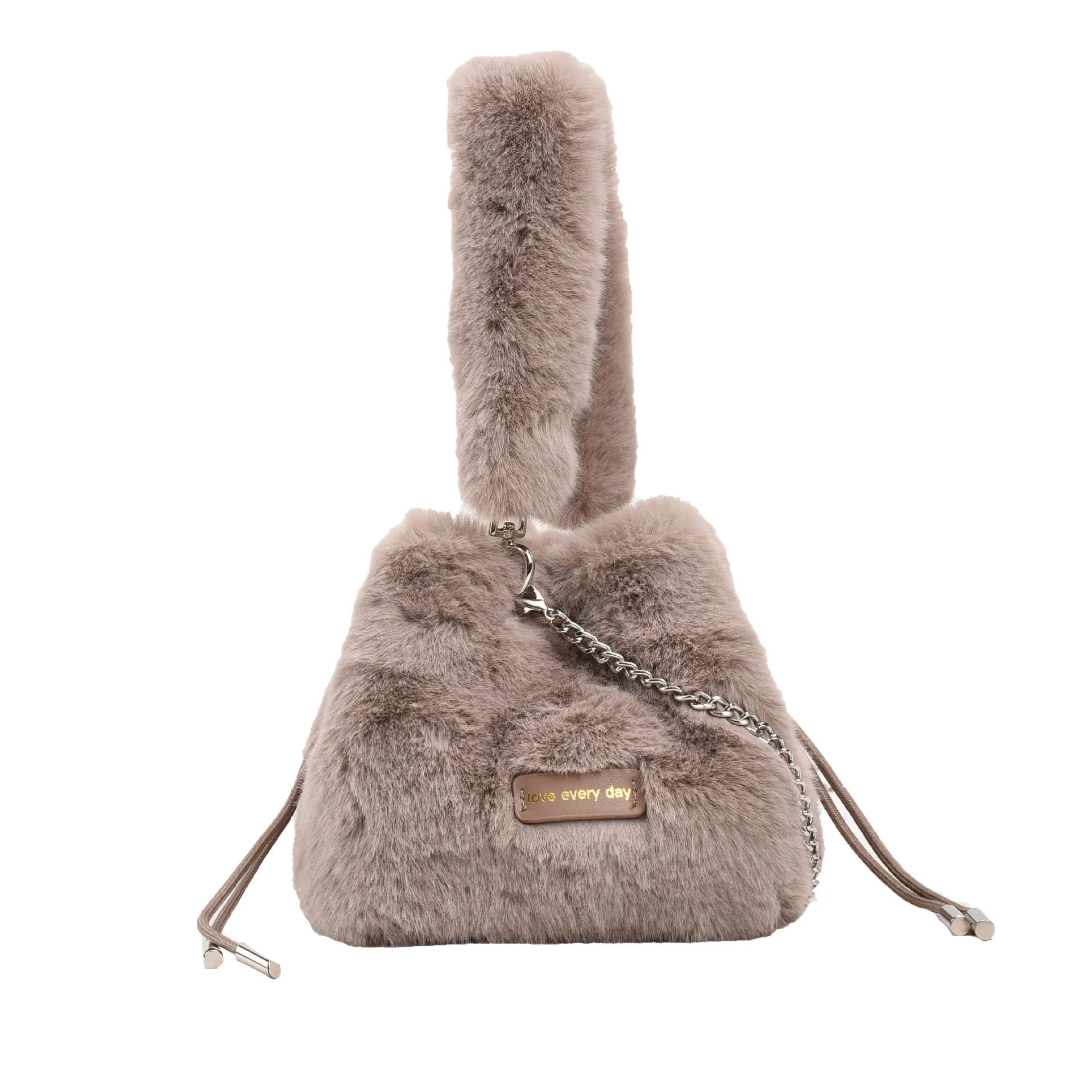 Women Plush Bucket Bag Soft Faux Fur Handbag With Metal Chain Strap Drawstring Closure Shoulder Crossbody Bag Fashion