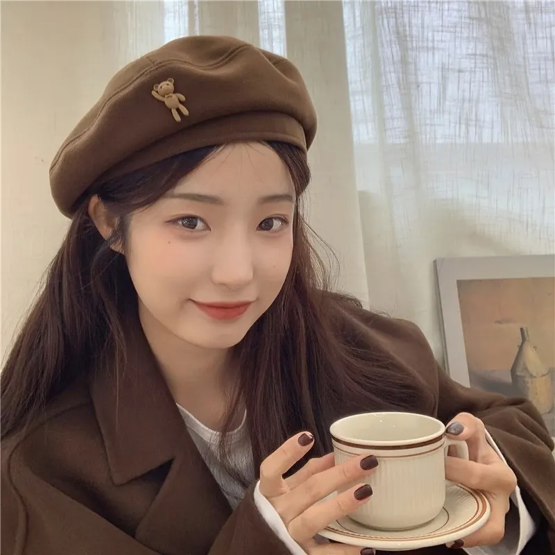 Vintage Women Cotton Beret Hat With Cute 3D Plush Bear Heart Buckle Decor Warm Autumn Winter Fashion Artist Painter Cap
