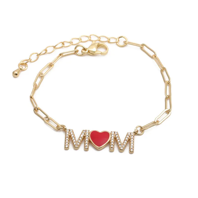 MOM Armband Kupfer Mit Zirkonia Herz Emaille Verstellbare Büroklammerkette Hip Hop Schmuck Für Frauen Geschenk