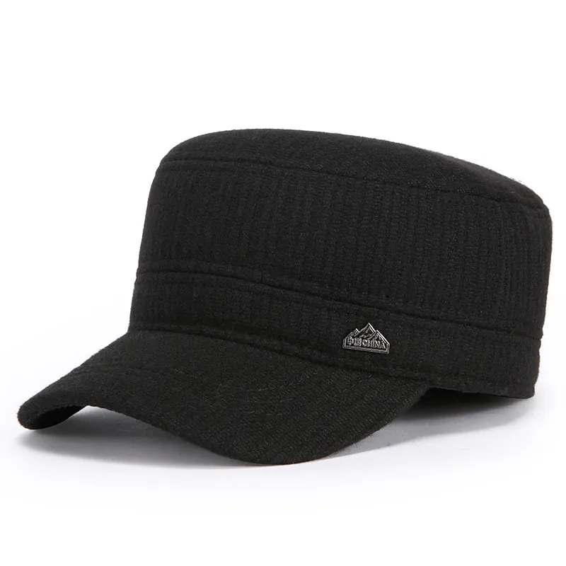 Men Cadet Cap Cotton Woolen Flat Top Hat Winter Warm Windproof With Ear Flaps Outdoor Adjustable Metal Badge