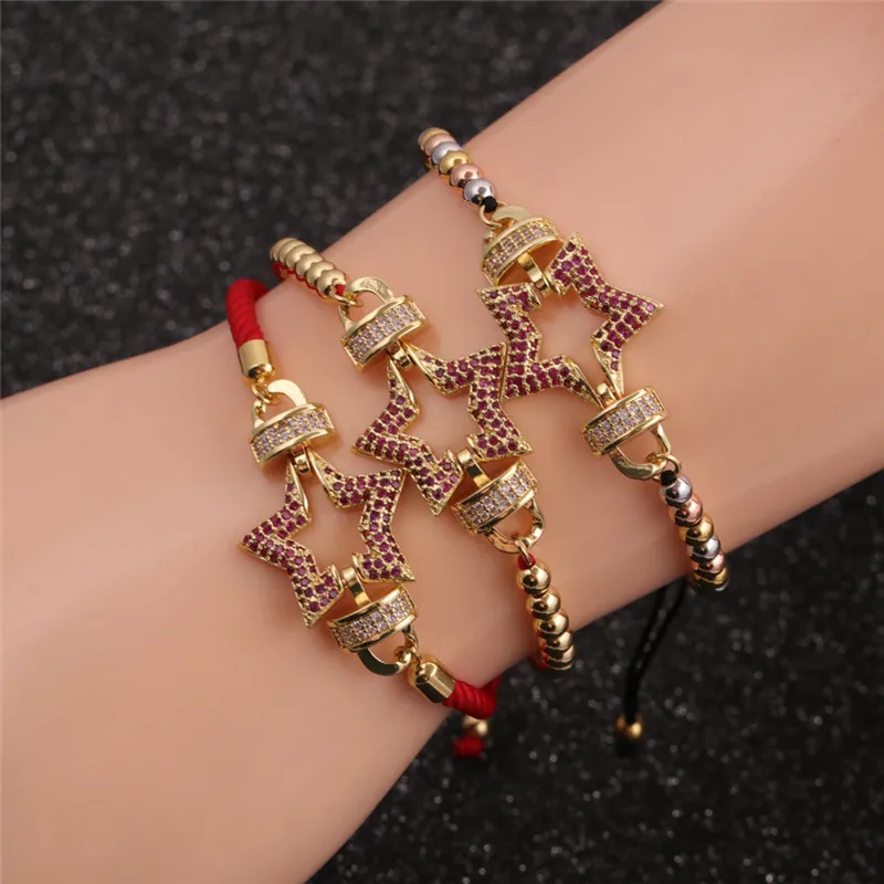 Bracelet Pendentif Étoile Pour Femme Cuivre Plaqué Or Avec Corde Tressée Rouge Et Zircone Ajustable Bijoux Hip Hop Boho
