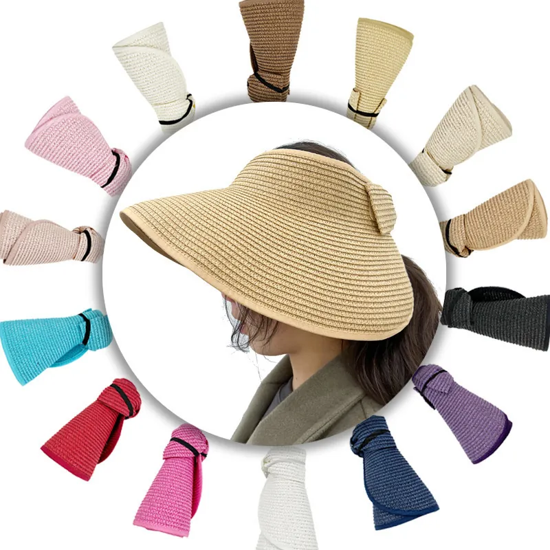 Damen Stroh Sonnenvisier Hut Breite Krempe Faltbar Rollbar Papier Strand Sommer Schleife Dekor Verstellbar