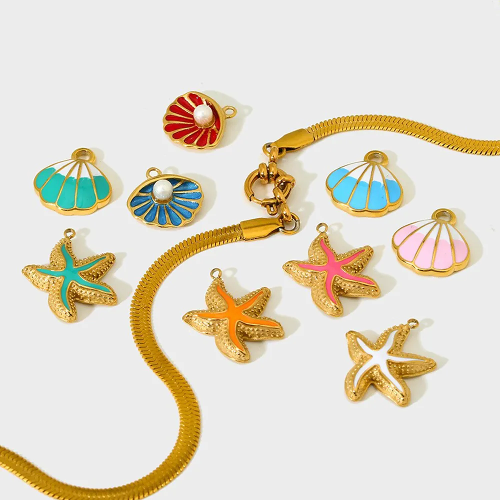 Sea Theme DIY Jewelry Pendants Stainless Steel 18K Gold Plated Enamel Starfish Shell Charms Bohemian Style