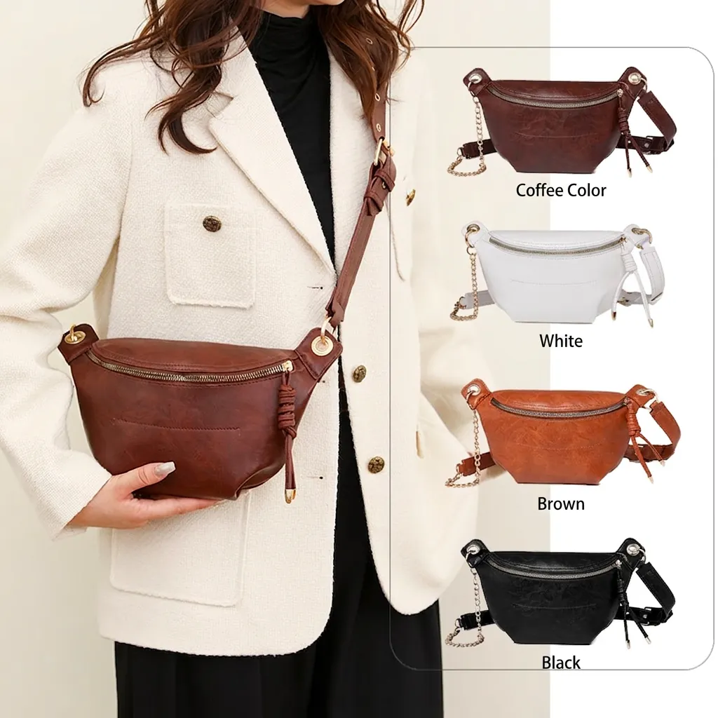 Vintage PU Leder Umhängetasche Damen Retro Halbmond Brusttasche Goldkette Verstellbarer Riemen Wasserdicht Lässig Schick