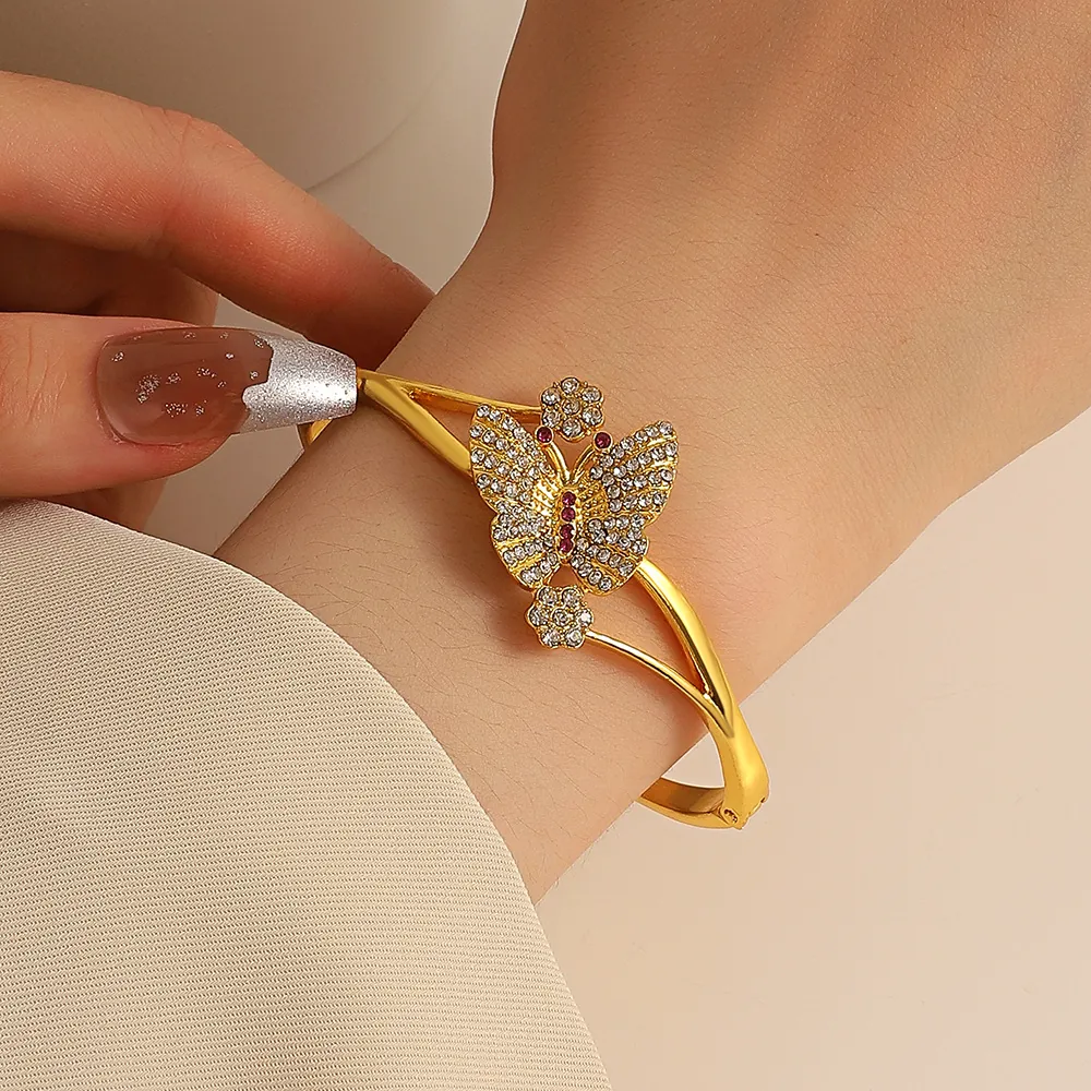 Vintage Schmetterling Blume Armreif Damen Legierung Strass Eingelegt Funkelnd Offen Handschmuck Ins Stil Elegant