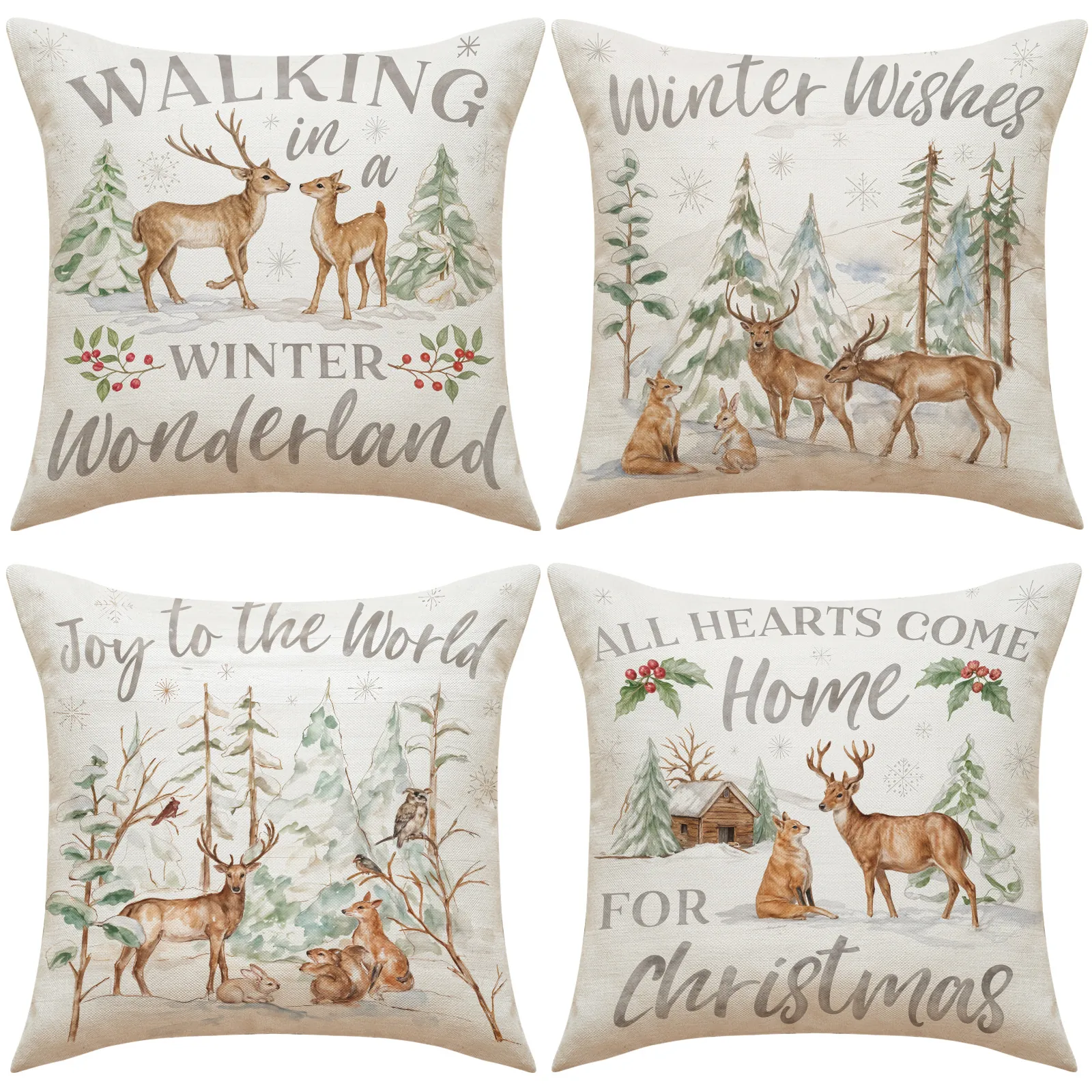 Weihnachts Kissenbezug Leinenmischung Rentier Winterwald Bedruckt Kissenhülle Deko Sofa
