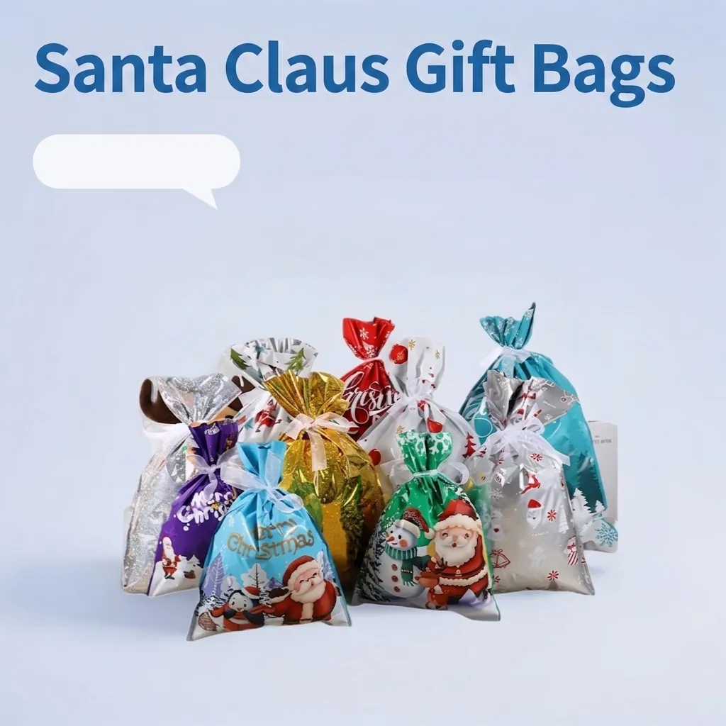 Sacs-Cadeaux De Noël À Cordon Plastique Ruban Noeud Emballage Bonbons Faveurs De Fête Père Noël Bonhomme De Neige Cerf Imprimé