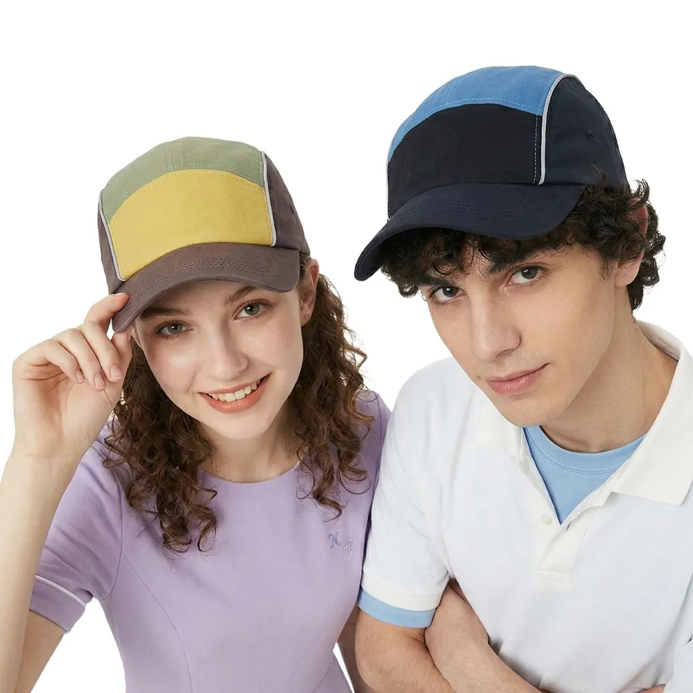 Unisex Five Panel Cotton Baseball Cap Color Block Outdoor Camper Hat With Reflective Piping Adjustable Strap Sun Protection