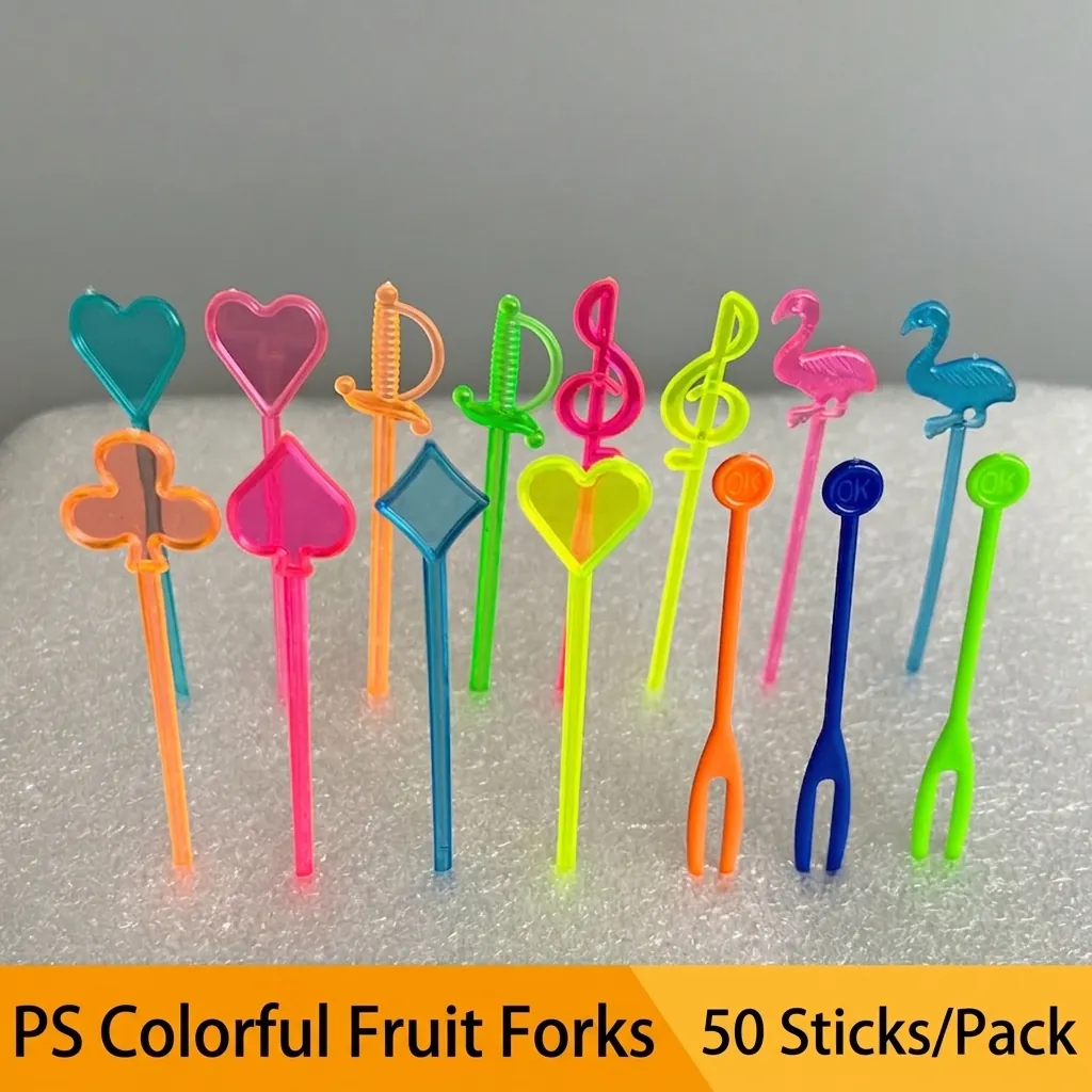 Disposable Fruit Forks Plastic Colorful Decorative Cocktail Picks For Party Dessert Appetizer Poker Flamingo Heart Shapes
