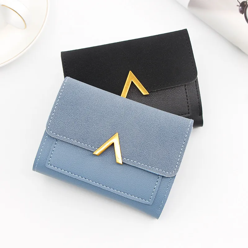 Women Short Wallet PU Leather Folding Multi Card Slot Purse Portable Contrast Color Gold V Metal Buckle Card Holder