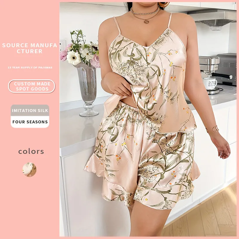Pigiama Taglie Forti Donna Top E Pantaloncini Volant Raso Di Raso Imitazione Scollo V Senza Maniche Stampa Bacche Piante Da Notte