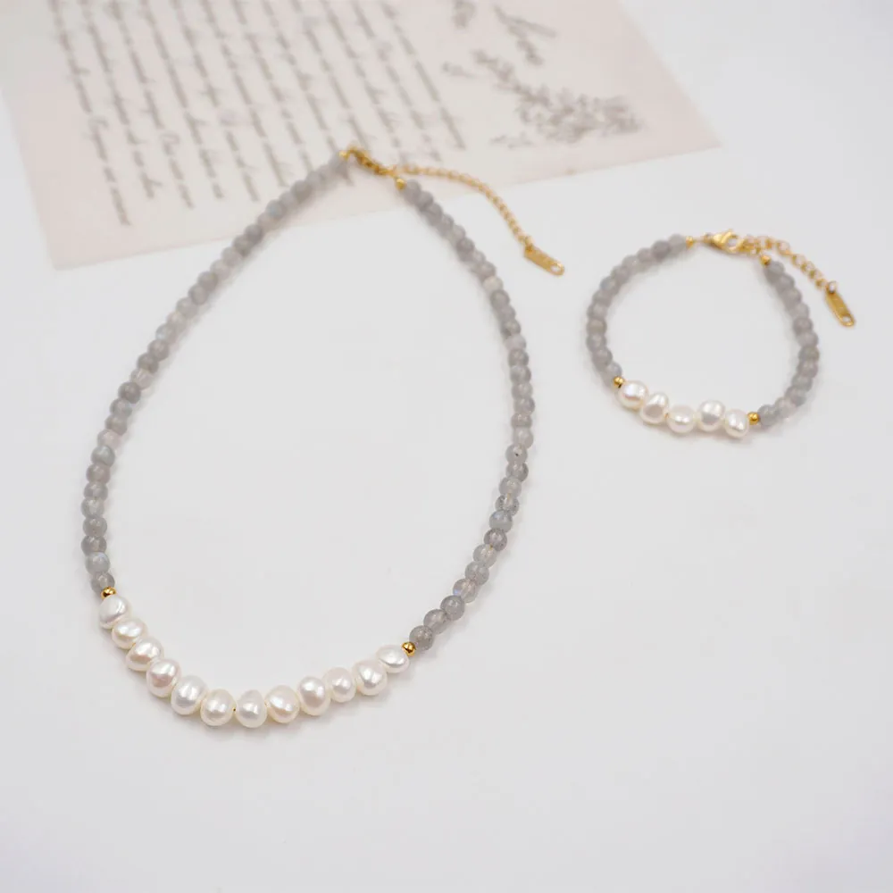 Parure Collier Bracelet Vintage Français Perles D'eau Douce Pierre De Lune Grise Or 14K Acier Titane Rétro