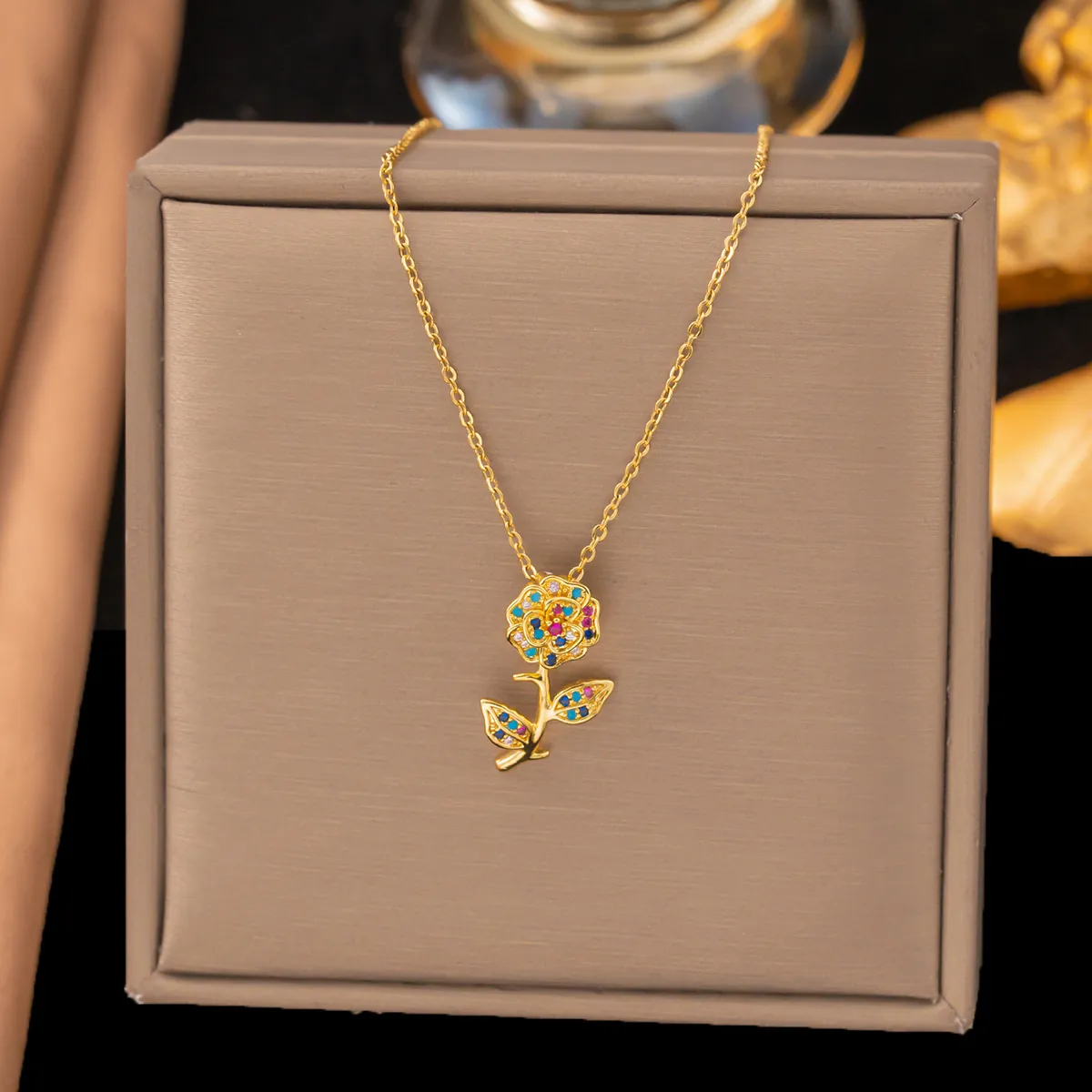 Rose Flower Pendant Necklace Stainless Steel Gold Plated Multi Color Zircon Vintage Elegant Jewelry Gift For Women