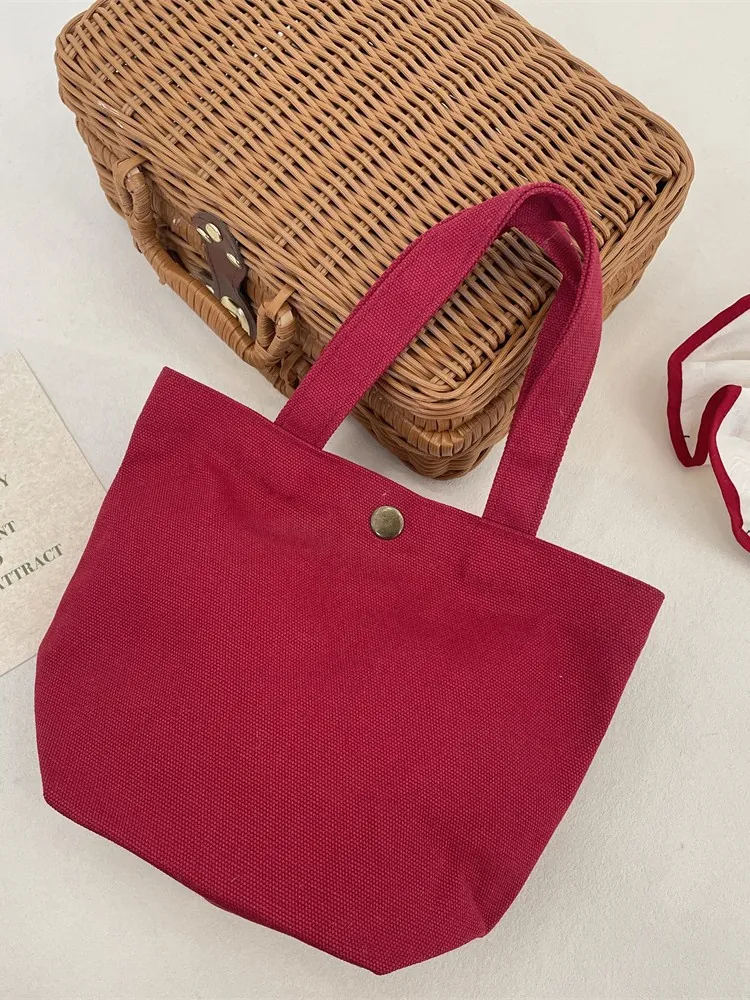 Retro Wine Red Canvas Handbag Simple Portable Lunch Tote Bag With Copper Snap Button For Office Daily Casual Women
