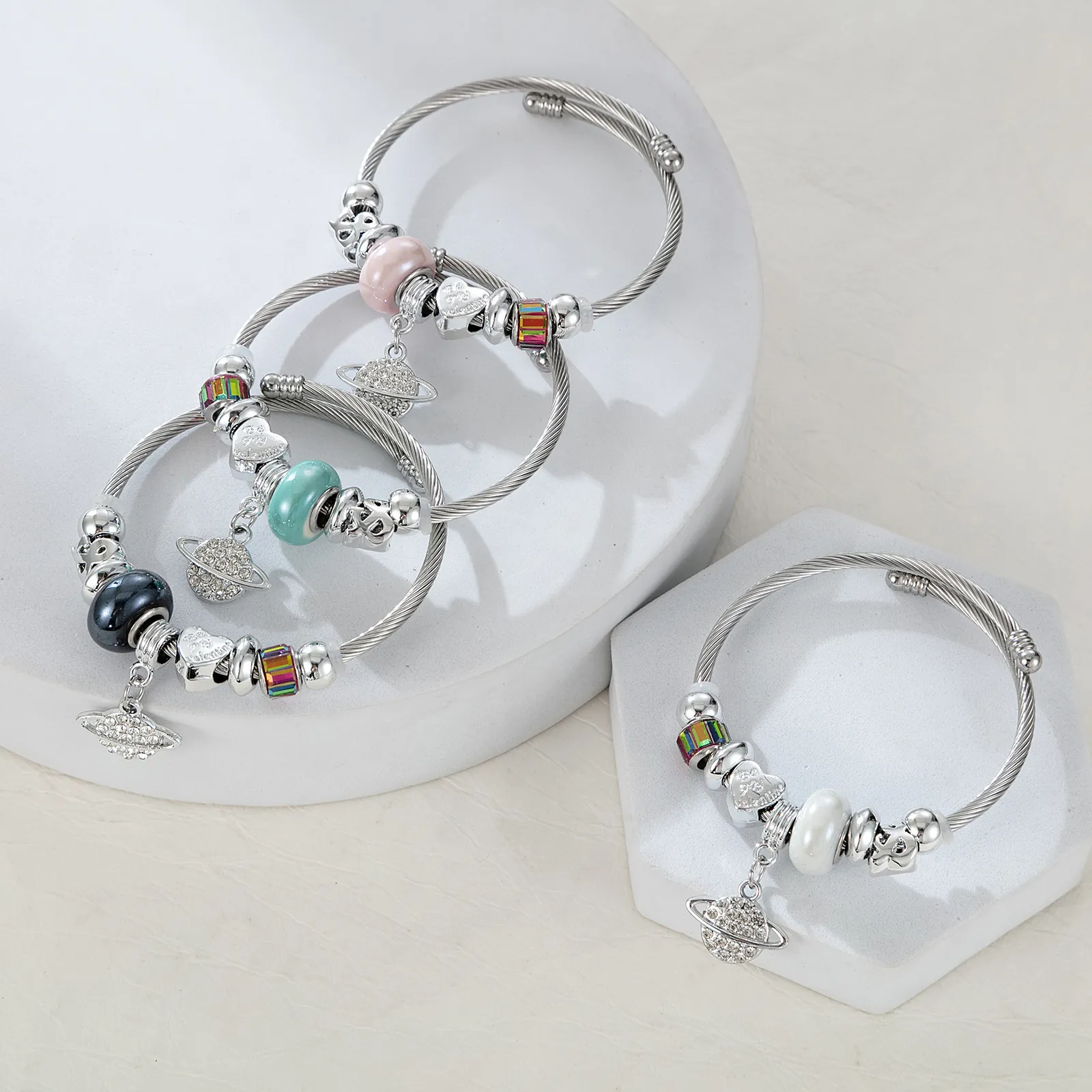 Stainless Steel Planet Saturn Heart Charms Adjustable Cuff Bracelet Rhinestone Enamel Beads Valentine Gift Fashion Women