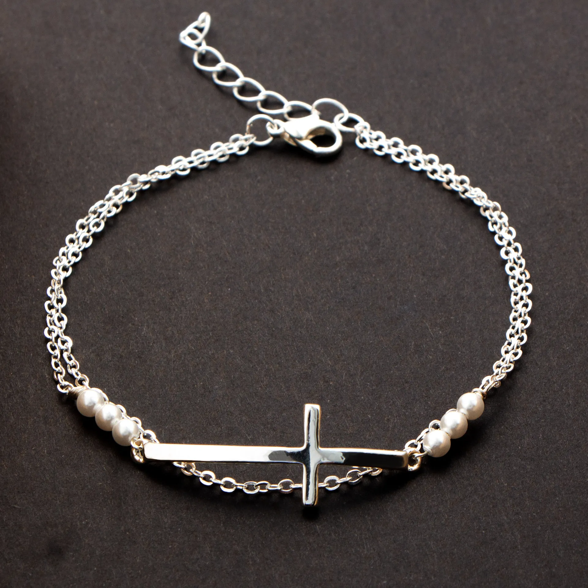 Minimalist Double Layer Bracelet With Copper Cross Charm And Freshwater Pearl Elegant Fashion Jewelry For Women
