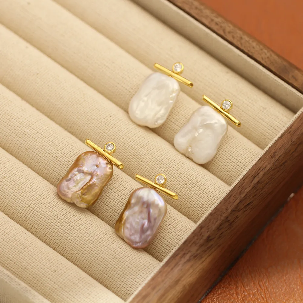Artificial Baroque Pearl Stud Earrings Gold Plated Copper Zircon With 925 Sterling Silver Earring Post Retro Jewelry For Women