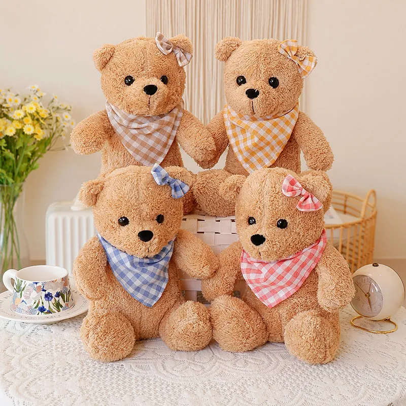 Cute Teddy Bear Plush Toy Soft Cotton Plaid Bandana Scarf Bow Decor Stuffed Animal Sitting Doll Kids Birthday Gift Home