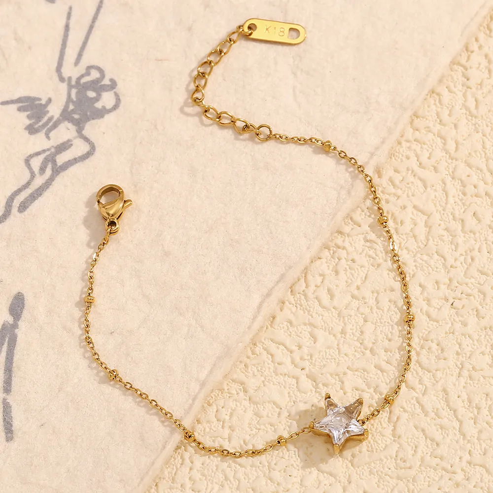 18K Gold Plated Stainless Steel Star Charm Bracelet With White Zircon Bead Chain For Women Minimalist Adjustable Jewelry
