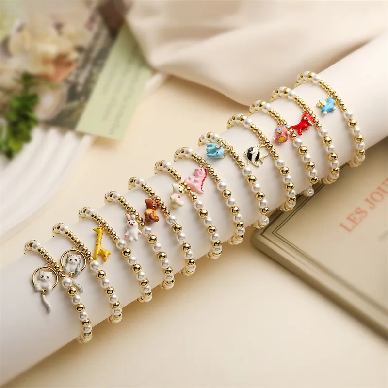 Bracelet À Künstliche Perles Avec Pendentif Animal Mignon Künstliche Perles En Cuivre Et Imitation Künstliche Perle Élastique Bijoux En Émail Dessin Animé Pour Femme