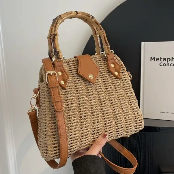 Retro Straw Woven Handbag With Bamboo Handle PU Leather Trim Vacation Travel Crossbody Bag For Women Bohemian Style