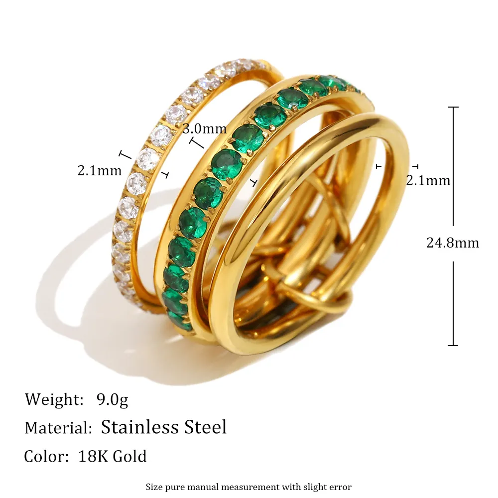 Stackable Rings Stainless Steel Gold Plated Green White Zircon Geometric Vintage Fashion Women Finger Jewelry