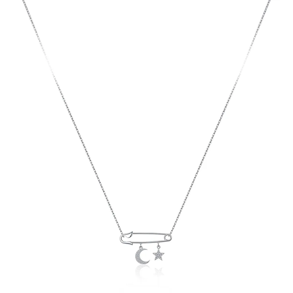 925 Sterling Silver Necklace With Safety Pin Pendant Zircon Moon And Star Elegant Minimalist Jewelry For Women